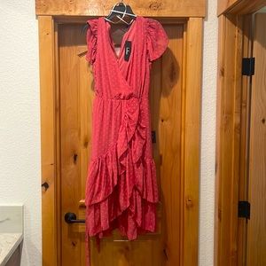 Lulus Have Harmony Mauve Swiss Dot Wrap Midi dress, size medium.